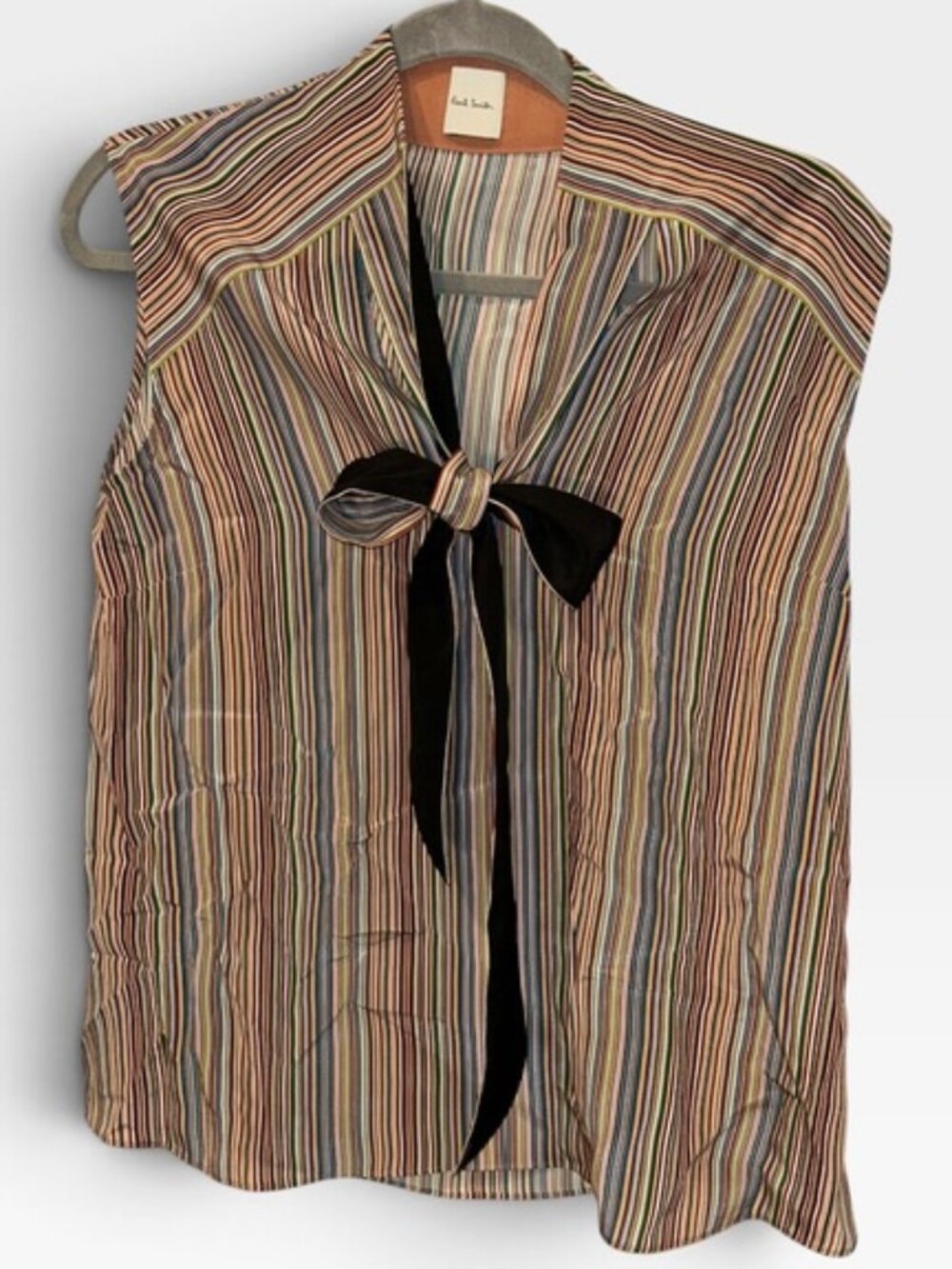 Paul Smith 100% silk signature striped pussy bow cap sleeve blouse top 38 4